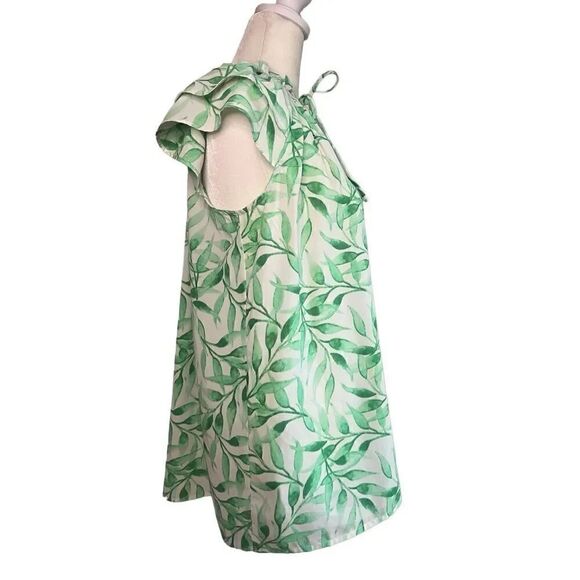 First Love Floral Tropical Ruffled Short Sleeve Blouse Green White Size Small - Picture 4 of 6